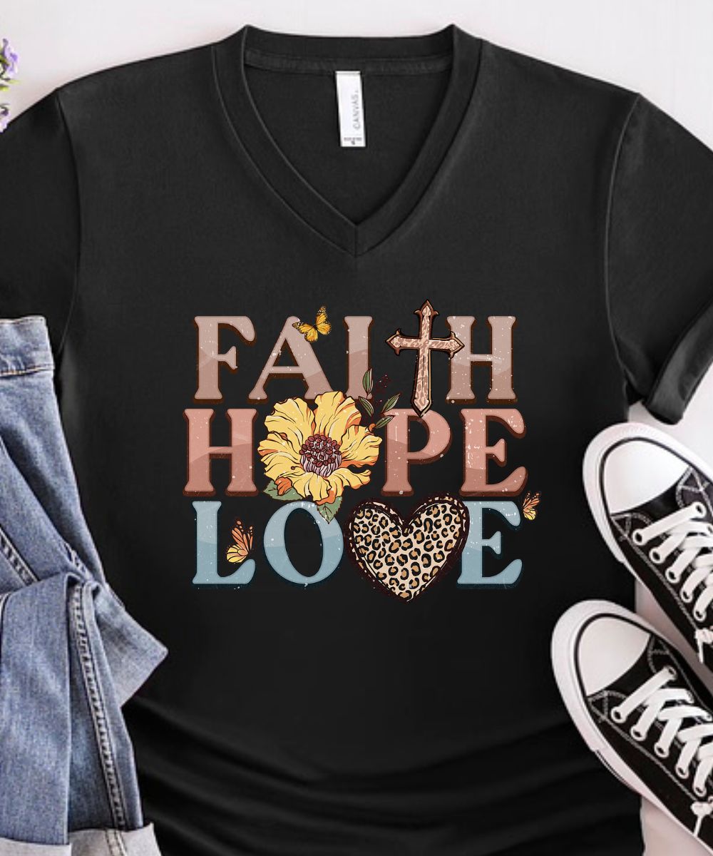 Flowers Faith Hope Love V-Neck
