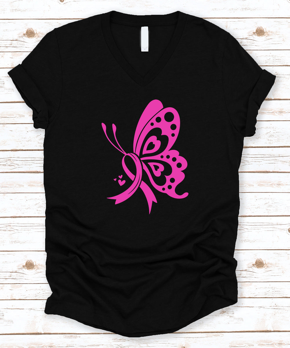 Pink Breast Cancer Butterfly V-Neck