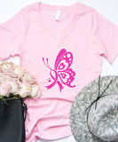 Pink Breast Cancer Butterfly V-Neck